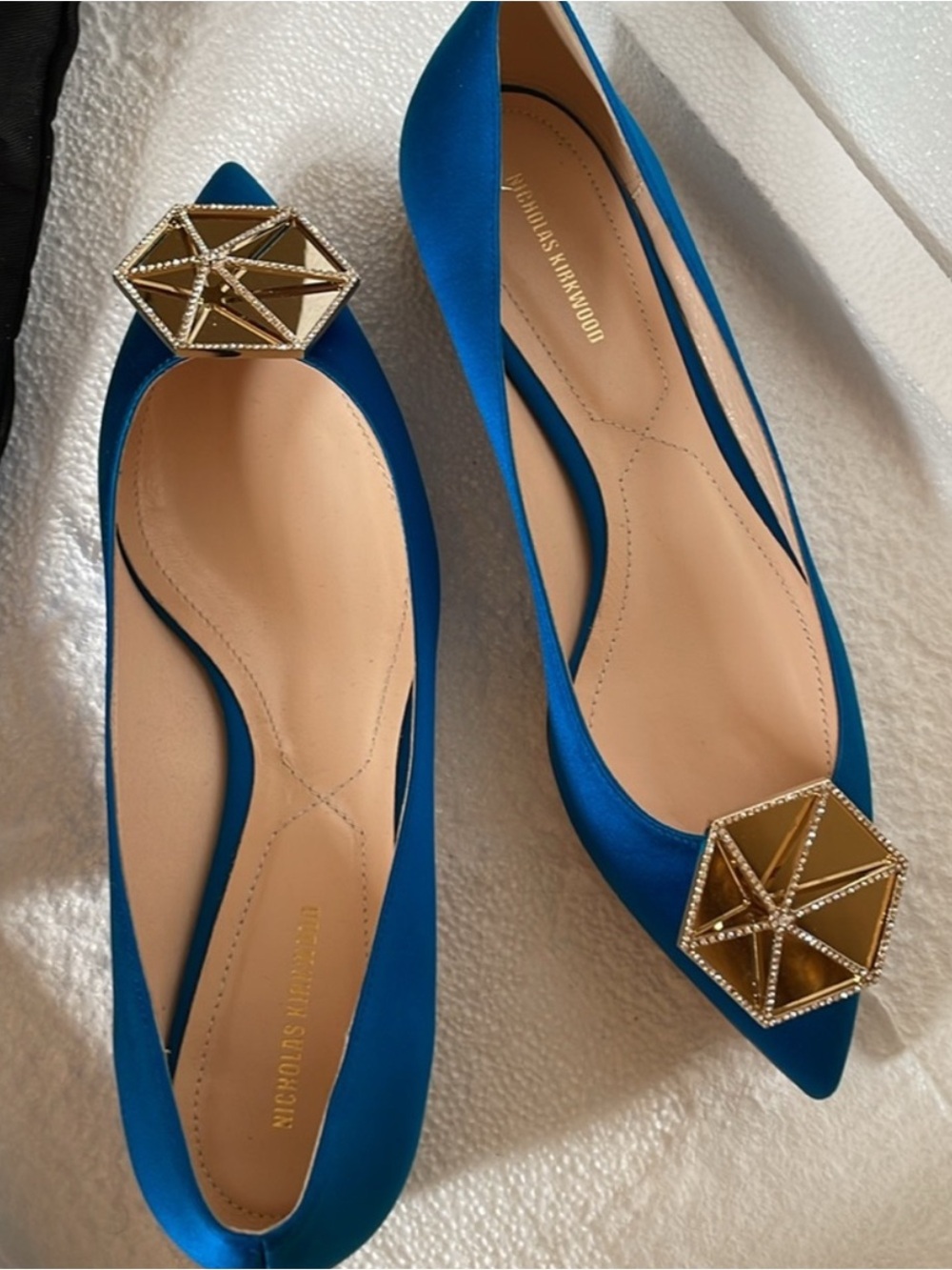 Nicholas Kirkwood Blue Satin Pointed Toe Flats with Gold Geometric Buckle